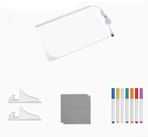 Lavagna in acrilico cancellabile a secco con luce, 6 colori fosforescenti, lavagna trasparente luminosa fai da te, lavagna da disegno per messaggi, include 7 penne e panni per la pulizia (20 x 20 cm)
