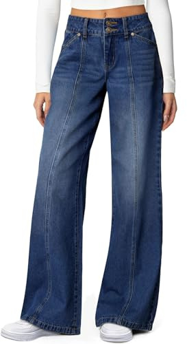Sidefeel Women's Wide Leg Jeans High Waisted Stretchy Jeans Trendy Seamed Front Straight Leg Loose Denim Pants Deep Blue Size 6