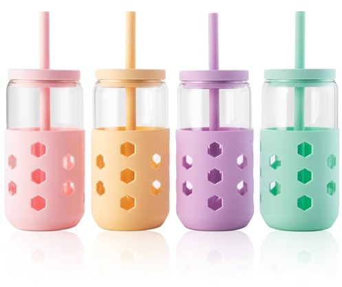 Mrsdry Glass Cups with Silicone Lids and Straws (4 Pcs), 475ml Drinking Glasses Set with Silicone Sleeves for Coffee Bar Accessories Iced Coffee Cups with Lids, Glass Tumbler Reusable for Gifts