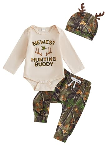 Conjunto de 3 piezas para bebé recién nacido, ropa de caza, manga larga, estampado de renos, con estampado de letras, pantalones de camuflaje de selva, cuernos y sombreros, Khaki Newest Hunting Buddy