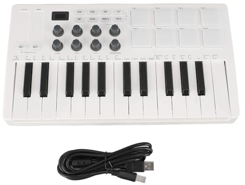 Controlador de teclado MIDI USB 25 tecla Midi Keyboard con 8 almohadillas de ritmo MPC 8 almohadillas de batería retroiluminada 8 perillas asignables software de producción de