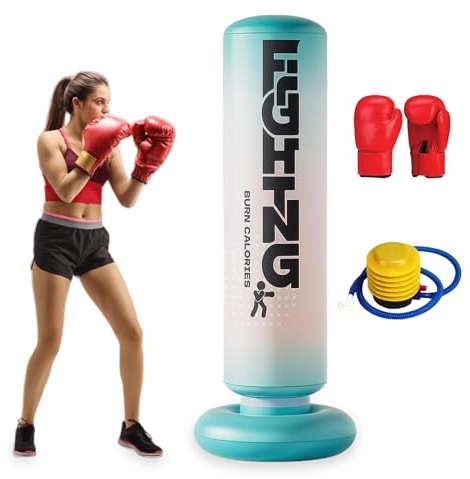 WIYETY Sac de frappe gonflable debout de 180 cm : sac de frappe avec base qui ne tombe pas, sac de frappe avec gants de boxe ET pompe pour l'entraînement de boxe des adolescents et des adultes aide à