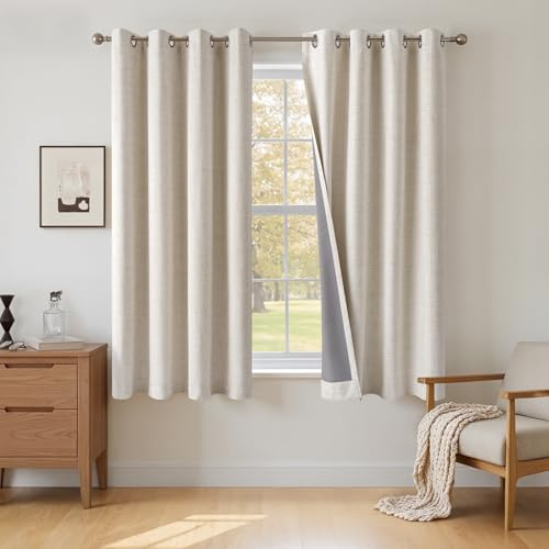 INOVADAY 100% Blackout Curtains 54 Inch Drop 2 Panels, Thermal Insulated Eyelet Curtains with Coating Back Layer for Bedroom & Living Room, 46 W x 54 L, Cream