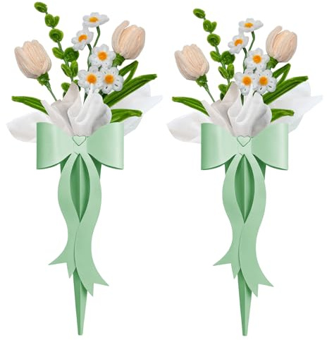 Qzvoio 2PCS Valentines Day Gifts Chenille Stem Tulip Bouquet, 2 Handmade Skin Tone Tulips with Bow Gift Box, Artificial Flowers for Home Desk Decor, Mother‘s Day Valentine’s Birthday Gift