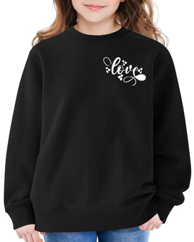 Mjjsk flickor hjärta grafisk tröja barn rund hals långärmad ledig tröja mode pullover toppar barn komfort mjuka kläder, Svart, 13-14 Years