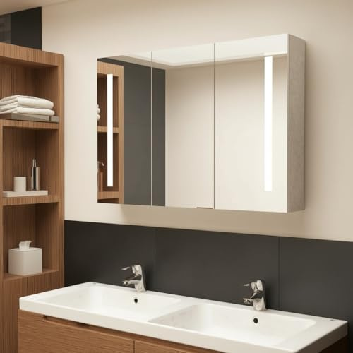 Zenithz LED-spegelskåp badrum betonggrå, 89 cm brett badrumsskåp med spegel, 3 dörrar och 5 hyllor, väggmontering, upplyst spegelskåp med på/av-brytare