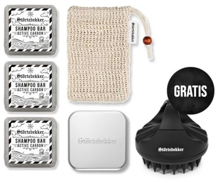Störtebekker® Premium Duschset - Festes Shampoo Anti-Fettiges Haar (x3), Sisalsäckchen, Seifendose Aluminium + GRATIS Scalp Brush - Shampoo Set für Haare & Kopfhaut - Handgefertigt