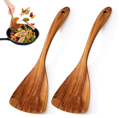 Pfannenwender Holz, 2er Set Pfannenwender Olivenholz Kochlöffel | Holz Küchenutensilien Set, Hitzebeständig, Antibakteriell, Spülmaschinenfest