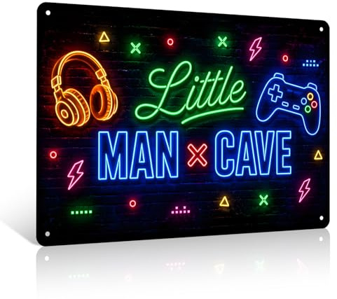 Ulord Little Man Cave Metal Sign 8x12 Inch Gaming Wall Art Decor | Game Controller and Headphones Vintage Tin Signs for Boys Room Kids Bedroom Playroom Game Room Gamer Gifts