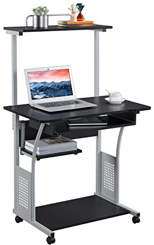 Yaheetech 3 Tier Computer Desk with Printer Shelf and Keyboard Tray, Home Office Desk Computer Workstation Rolling Study Desk PC Laptop Table for Small Spaces Black
