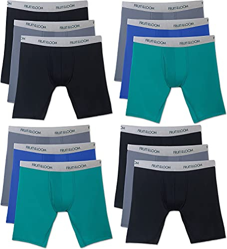 Fruit of the Loom Men's 12-Pack Everlight Long Leg Boxer Briefs Breathable Nylon/Spandex Blend (Medium (32-34))