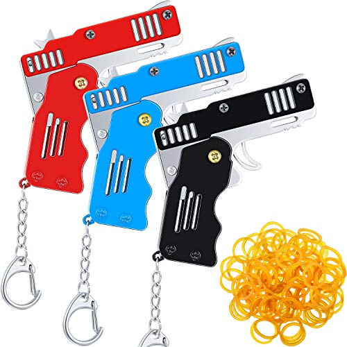 Gejoy 3 Pieces Rubber Band Gun Toy Easy Load Foldable Handmade Mini Metal Toy Gun with Keychain and 120 Elastic Rubber Bands