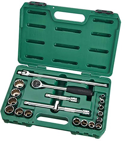 SATA ST09087SJ Juego de llaves de vaso de 6 y 12 puntas con accionamiento de 1/2 pulgada y 20 piezas con trinquete de cabeza redonda de 60 dientes