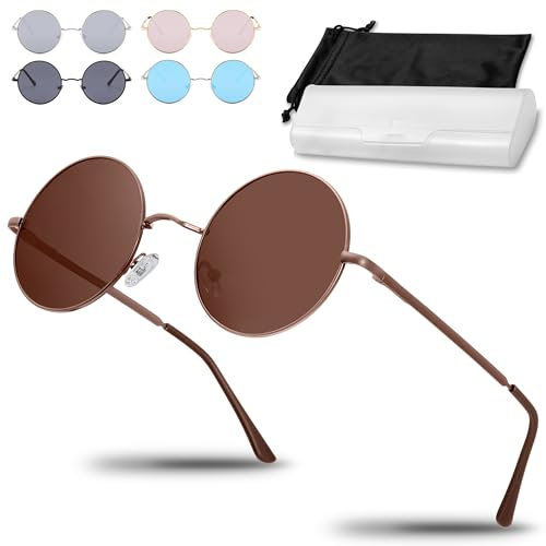 Netrox Runde Sonnenbrille im Retro-Stil mit Metallrahmen + Etui und Microfaserbeutel - UV400-Schutz - Vintage Unisex Herren und Damen - Sonnenbrillen, Gläser verspiegelt, Sunglasses, rund, braun