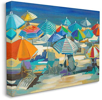 Stupell Industries Colorful Beach Umbrella Landscape Nautical Deep Blue Canvas Third Wall Art, 16 x 20