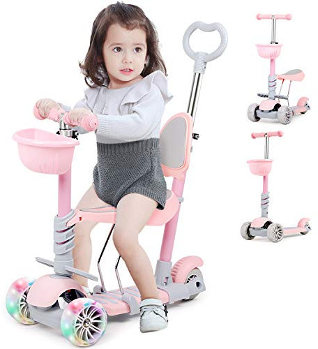 5 in 1 Scooter for Kids with LED Lights, Adjustable Height Kick Scooter for Girls & Boys Birthday Gifts, 3 Wheel Sit or Stand Ride Brake Removable Seat and Push Rod Indoor Outdoor Toys, Pink