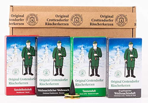 Crottendorfer Räucherkerzen - Weihnachtlicher Weihrauch, Erzgebirgischer Weihnachtsduft, Sandelholzduft,Tannenduft 4er Pack - in Geschenkverpackung mit Messingteller (4 x 24 Stück)