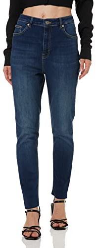 NA-KD Skinny High Waist Raw Hem Jeans, Azul Oscuro, 34 para Mujer