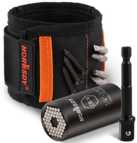 HORUSDY Pulseras magnéticas para hombres, herramientas y enchufe universal (7-19 mm), para papá con imanes fuertes para sujetar tornillos, clavos, brocas, bricolaje, herramienta de regalo para hombres