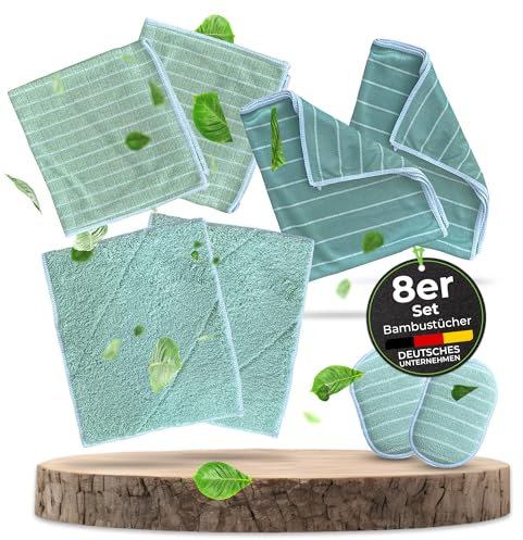 KERA Set in bambù per finestre, cucina, bagno, senza strisce, senza pelucchi, extra assorbente, sostenibile, strofinacci e panni per finestre, lavabile a 60° e adatto all'asciugatrice, 330 g
