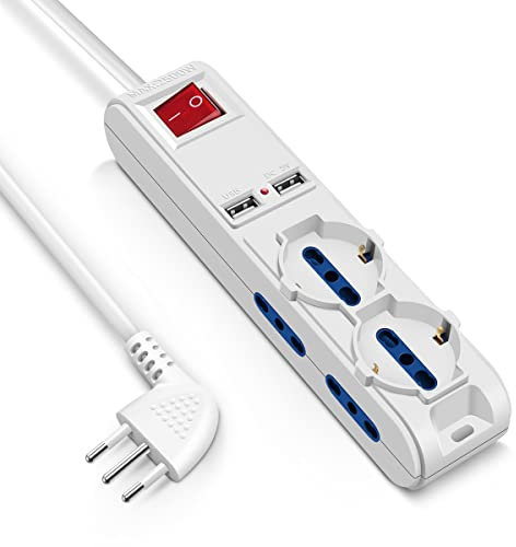 Mscien Multipresa con USB, 6 Posti 2 Polivalenti (schuko 10/16A) 4 bivalenti 10/16A, 2 Prese USB 2A Colore bianco, Cavo 1.5 m - Spina 16A