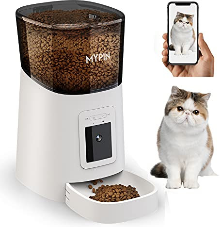 MYPIN 6L WiFi Cat Food Dispenser - Automatic Feeder With Timer, 1080P HD Video, Night Vision, 10s Voice Recording - Up to 20 Portions 12 Meals Per Day