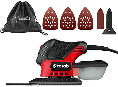 Casals - Multilijadora Compacta Mouse 75W | 11000 rpm | Aspirador Incorporado | Agarre Optimo Goma Soft-Touch| 40 Hojas Recambio (180g/120g/80g) | Incluye Bolsa Transporte