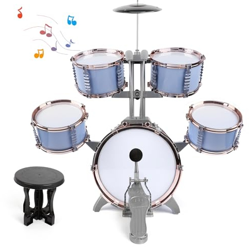 M SANMERSEN Kids Jazz Drum Set - 5 Drums with Stool - Rock Jazz Drum Kit - Musical Enlightenment Educational Toys Gift for Boys Girls