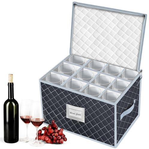 VERONLY Caja de almacenamiento para copas de vino con 12 divisores, protector de tallo, contenedor de cristalería para copas de vino, vajilla de cristal frágil para mudanza, viajes, camping (gris)