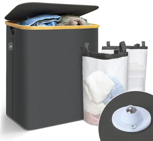 VOUNOT Wäschekorb mit Deckel 145L, Faltbarer Wäschesammler 2 Fächer & Herausnehmbar Wäschesäcke, Laundry Baskets Wäschebox Schmal, Grau