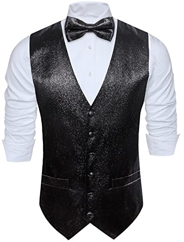 Barry.Wang Herren Weste mit Pailletten, glänzend, mit Fliege, Set, schick, leger, für Fest, Disco, Party, Abschlussball, Schwarz , XL