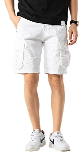 TONY BACKER Herr Cargo Shorts Vintage Bomull Multi-Pocket Sommar Kortbyxor Cargo, Vit, 46W
