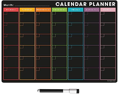 TMS Magnetisk månadsplanerare och torrtorkningspenna, svart tavla kylskåpskalender whiteboard för måltider, anteckningar, påminnelser eller daglig planerare | anteckningstavla för torr radering för