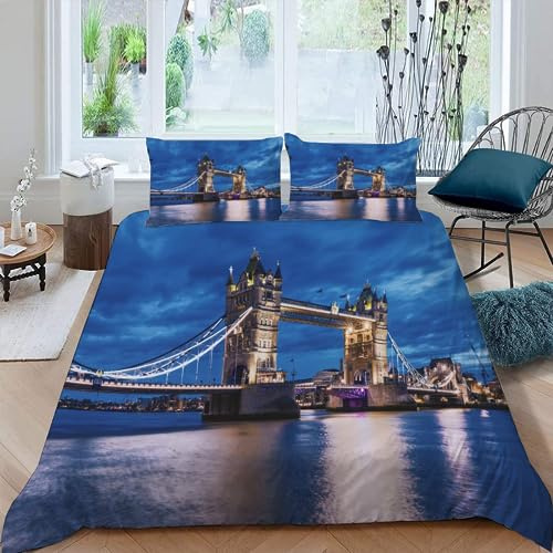 AASIRA London Tower Bridge Bettwäsche 135x200 Kinder Bettwäsche Stadtansicht Weiche Mikrofaser Bettbezug mit Reißverschluss Jungen Mädchen Bettwäsche-Set 3D Motiv Bettbezüge mit 2 Kissenbezug 80x80