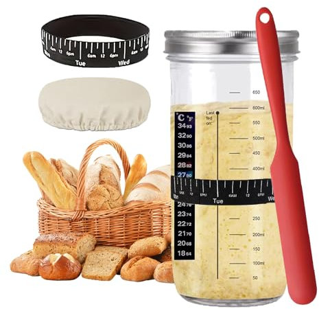 Sourdough Starter Jar Kit Lid Set, 24Oz, 730ml Glass Round Jar with Thermometer, Feeding Date Band, Cloth Cover, Silicone Scrape, Suitable for Bread Fermentation, Reusable Sourdough Starter for Baking