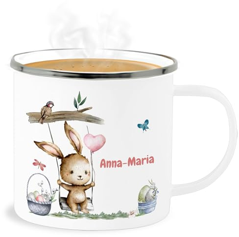 Emaille Becher Blechbecher - Ostergeschenke - Hase Süß Kinder personalisiert I Osterhase - 300 ml - Weiß Silber - tasse ostern oster name osterhasen bunny easter hasen osterngeschenke häschen
