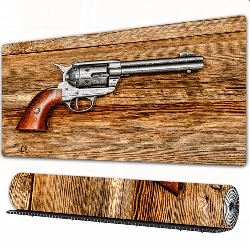 EOMKSE Mauspad Verlängertes großes Mauspad Schreibtischauflage,genähte Kanten Mauspad,Gummibasis,Antike Waffe Pistole Armee Gefahr Pistole auf Holzhintergrund,Gaming-Mauspad,40x75 cm