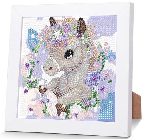Pferd Diamond Painting Kinder Mit Holzrahmen, Diamant Painting Kinder | Tiere 5D Diamond Painting Mädchen,DIY Mosaikherstellung Arts Craft für Home Wand Decor 18x18cm