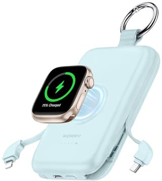 RORRY Portable Charger, 10000mAh PD 20W Fast Charging Portable Charger Power Bank with Built in Cables, Travel Battery Pack for iPhone 17/16/15/14/13/12 and Apple Watch Ultra/11/10/9/8/7/6/5, Blue