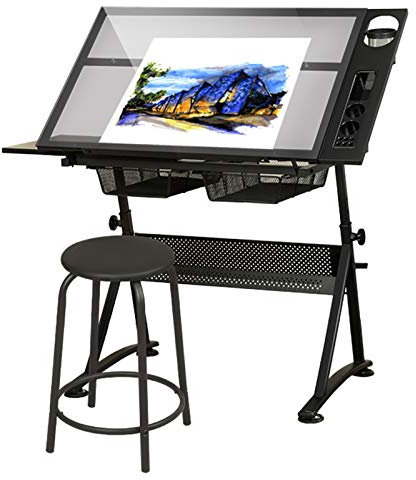 GKJHTED Zeichentisch, Zeichentisch, multifunktionaler Zeichentisch aus Glas, höhenverstellbarer Zeichentisch mit 2 Aufbewahrungsschubladen, kippbarer Schreibtisch, Kunsttisch