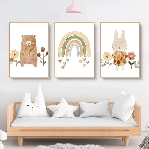 champracer 3er Set Poster für Kinderzimmer Boho Deko Bilder - Rosa Blume Sonne Regenbogen Bilde Wanddeko, Ohne Rahmen Boho Wandposter (50 x 70 cm,C)