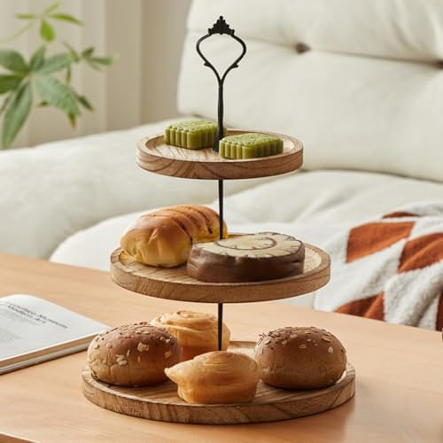 HEBEOT Alzata rotonda in legno massiccio a 3 strati, per torte, dessert, decorazione da tavolo per matrimoni, compleanni, feste (C)
