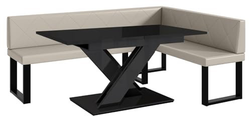 MEBLINI Eckbank für Esszimmer mit ausziehbarem Tisch - Küchenbank - Essecke - Sitzecke Küche - ERIC - U-Beine 142x196x87cm Rechts - Beige Kunstleder/B Schwarz Hochgl.