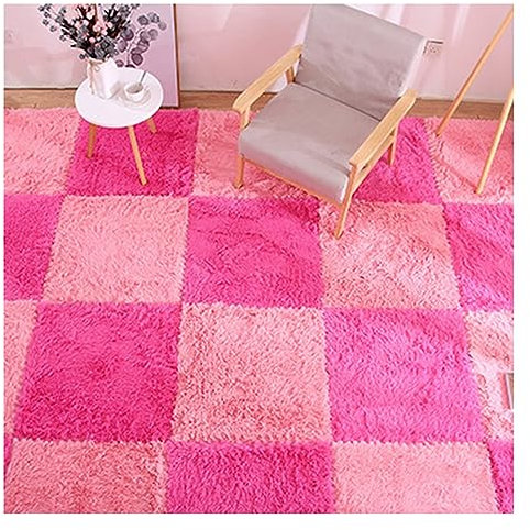 KUANGGE 16-teilige ineinandergreifende Schaumstoffmatten, Flauschige ineinandergreifende Teppichfliesen, Plüsch-Teppichbodenfliesen, weiche Spielmatte, Puzzle-Bodenmatte (Farbe: Pink + Rosenrot)