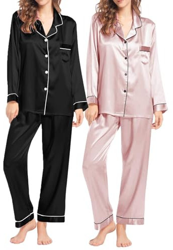 Schwarzer Schlafanzug für Damen, mehrfarbig, Umlegekragen, lange Ärmel, Pyjama für Damen, lässiger Baggy-Trainingsanzug, komplettes Set, Damen-Pyjama-Set, Winter, Damen-Pyjama-Set, groß, rose, M