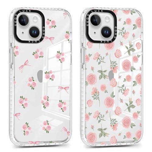 Phoona 2 pezzi Cover per iPhone 13 Mini 5,4'', Cellulare Trasparente Silicone Morbido Custodia per telefono Aesthetic Fiori Rosa Motivo Disegno Protezione Antiurto AntiGraffio Case per Ragazze