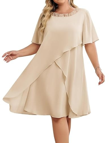 Hanna Nikole Party Kleider Damen Elegant GroßE GrößE Cocktailkleid Hochzeitsgäste Kleider Chiffon Abendkleider Mit Pailletten Rundhalsausschnitt Festlich Midikleid FüR Die Brautmutter