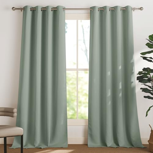 PONY DANCE Blackout Vorhang Thermo Wärmeisolierend Verdunkelungsvorhang | 2er Set, H240 x B140 cm, Salbeigrün, Gardinen Abdunkelnd, Hitzeschutz, Sichtschutz, Ösenschal, für Schlafzimmer Wohnzimmer