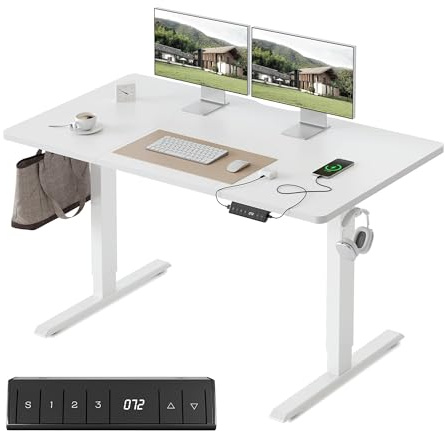 FEZIBO Höhenverstellbarer Schreibtisch mit USB-C&USB-A Ladeanschl 120x60cm | Schreibtisch Höhenverstellbar Elektrisch, 72–118cm Hub, 3 Memory-Funktion, 80kg Tragkraft, Ergonomischer Computertisch, Weiß