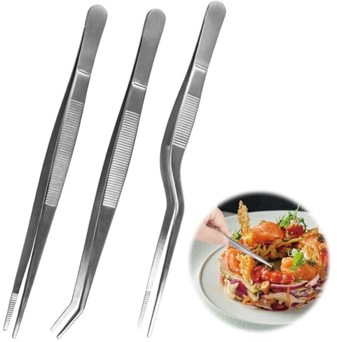 6.3 Inch Kitchen Cooking Tweezers Set, Professional Stainless Steel Food Precision Culinary Tongs Straight Curved Offset for Chef Cooking Plating Food Design Styling Decorating BBQ Home Sliver